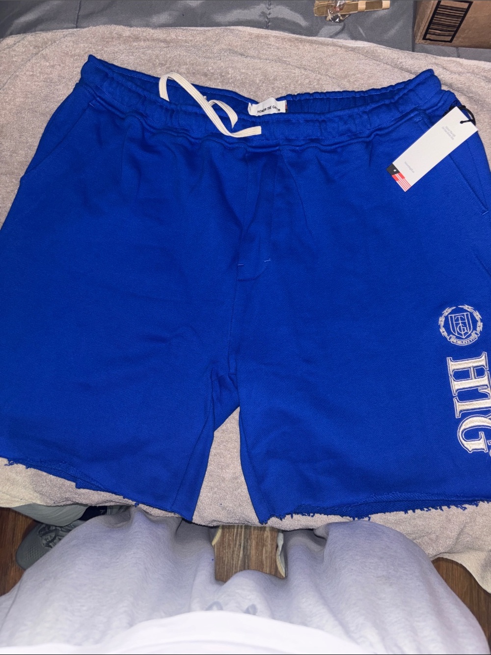 Men's Royal Blue Athletic Drawstring Shorts with Side Crest